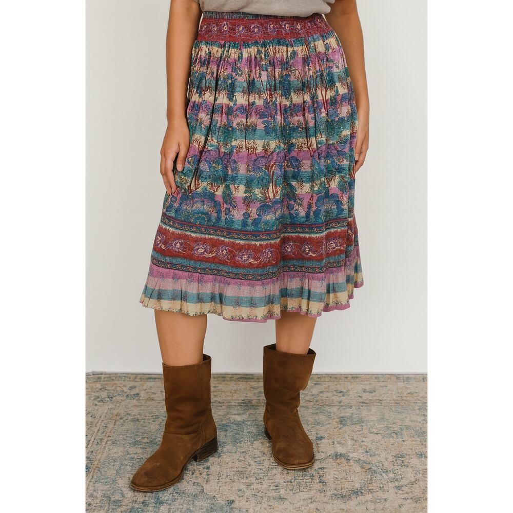 Womens Midi Gypsy Skirt Size L/XL 34"-38" Floral Stripe Boho Ruffle Whimsigoth